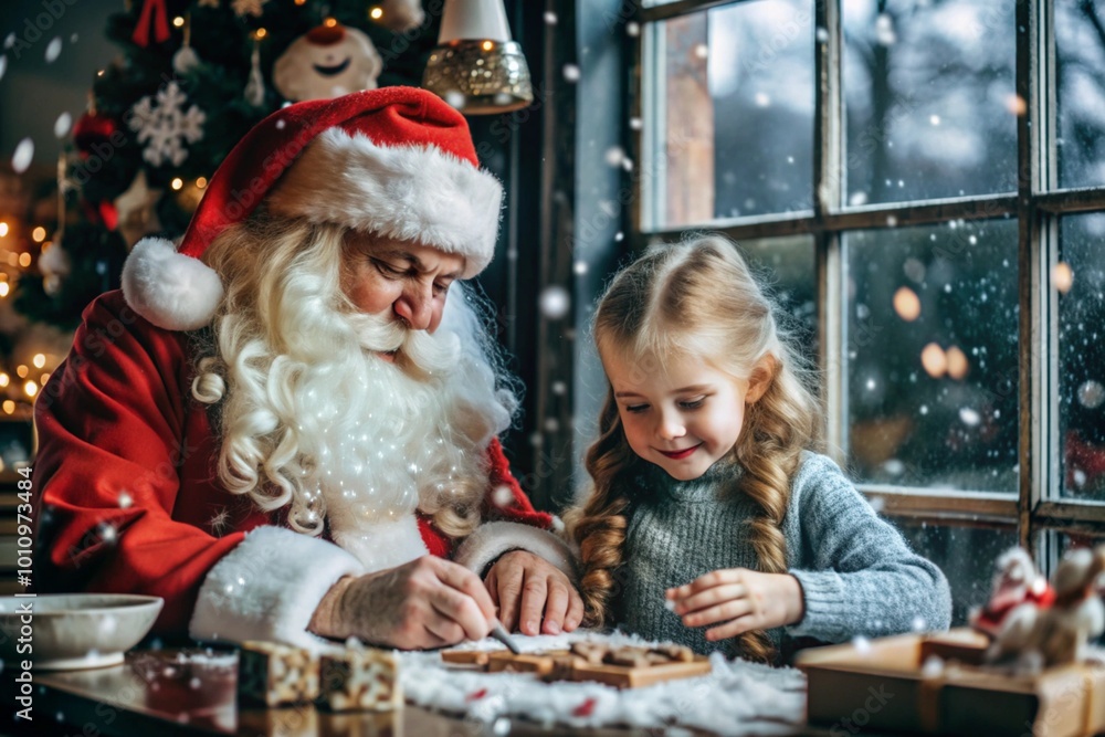 Santa Claus and a little girl in a room decorated for Christmas. A festive Christmas card. Childhood and the magic of a New Year's tale. Santa Claus and a little girl in a room decorated for Christmas. A festive Christmas card. Childhood and the magic of a New Year's tale.