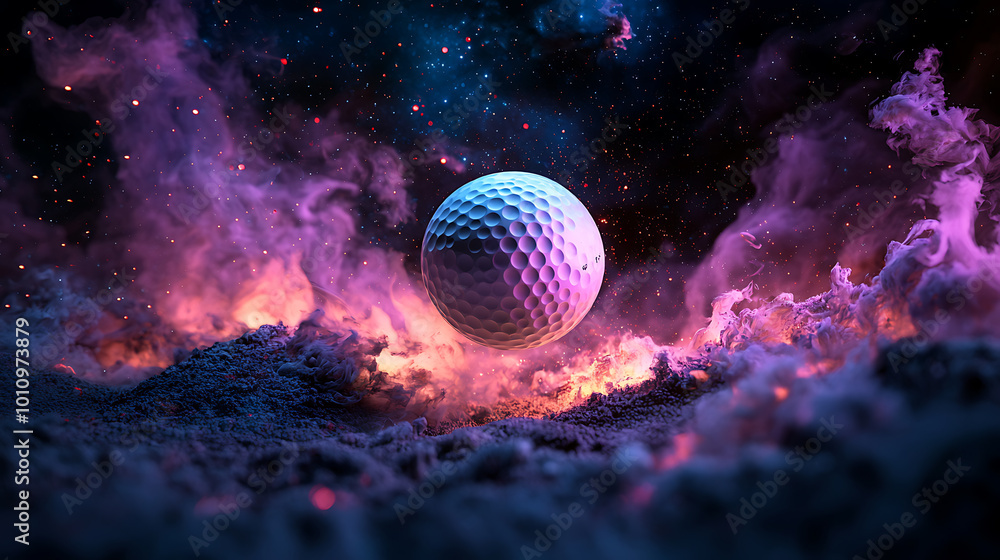 Golf ball floating in a cosmic dreamscape Golf ball floating in a cosmic dreamscape