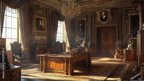 A majestic home office with royal-inspired decor, including a grand wooden desk and regal touches, evoking professional authority. Realistic, highly detailed