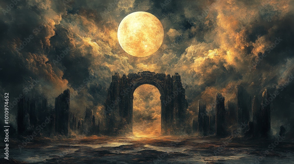 Glowing Heavenly Gates Under Moonlight, Surreal Dreamlike Fantasy Scene Glowing Heavenly Gates Under Moonlight, Surreal Dreamlike Fantasy Scene