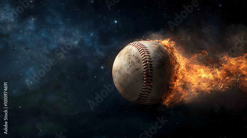 Baseball soaring through space with fiery trail