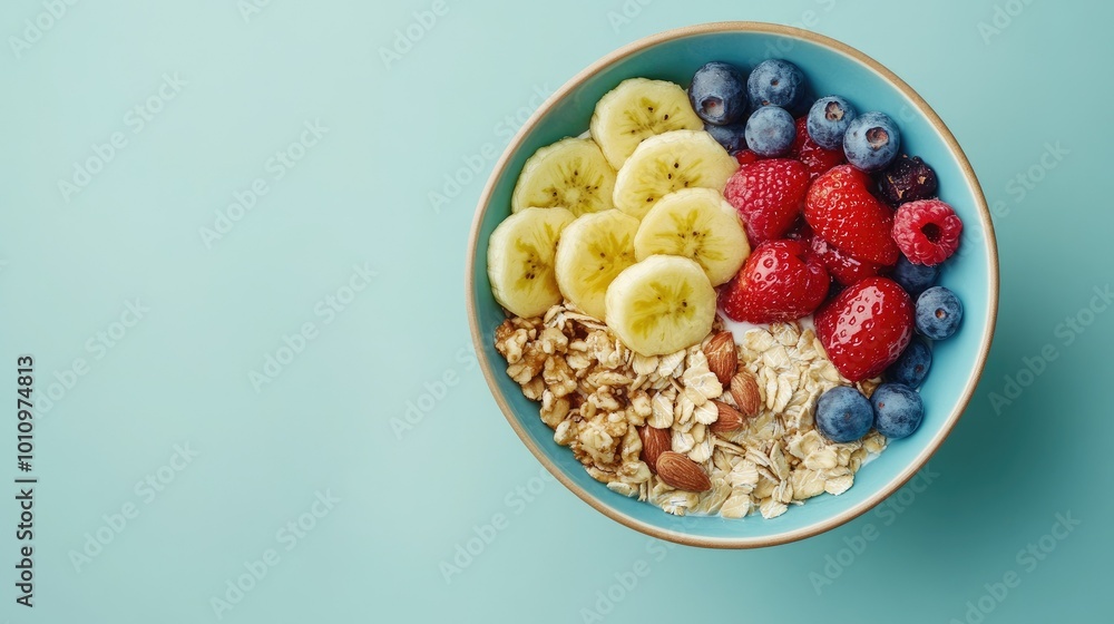 Bowl of muesli with assorted fruits and seeds, arranged with a minimalist style for clear messaging. Bowl of muesli with assorted fruits and seeds, arranged with a minimalist style for clear messaging.