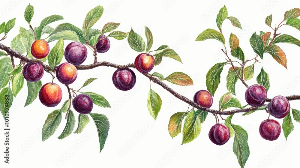 Obraz premium Branch of a plum tree with vibrant fruits and green leaves, illustrating a healthy garden scene.