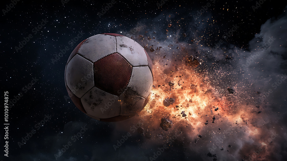 Fototapeta premium Explosive soccer ball soaring through space