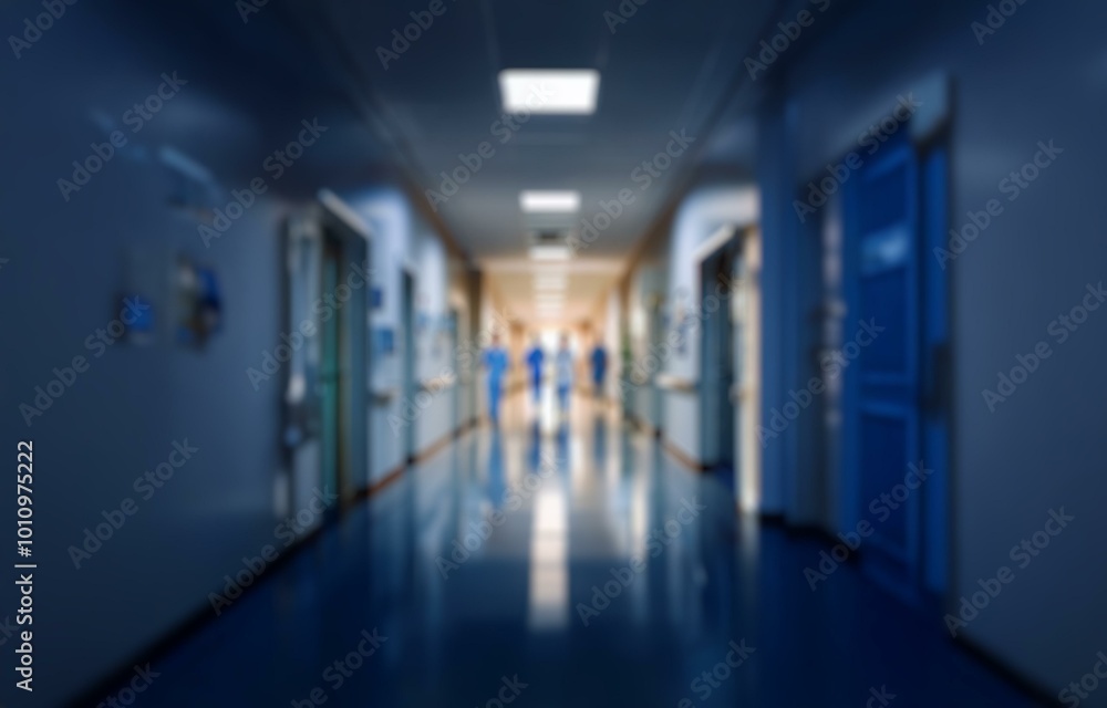A blurry hospital hallway with bokeh lights in the background. A blurry hospital hallway with bokeh lights in the background.