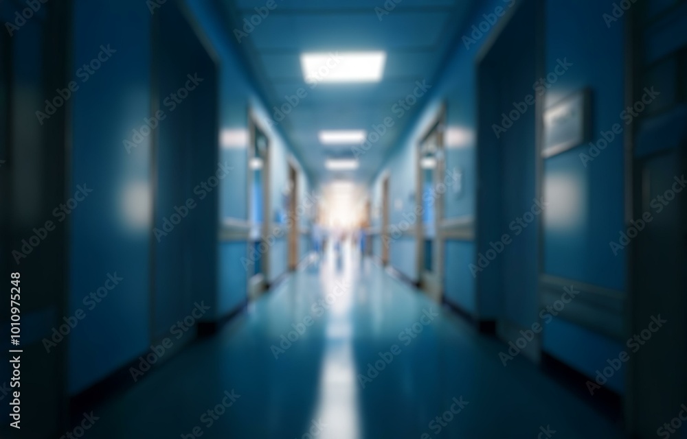 A blurry hallway with bokeh lights and a light blue color scheme. A blurry hallway with bokeh lights and a light blue color scheme.