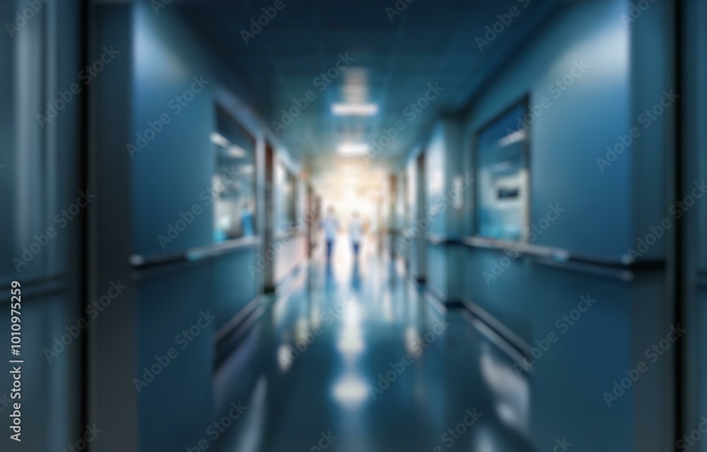 A blurry view down a long hospital corridor with bokeh in the background. A blurry view down a long hospital corridor with bokeh in the background.