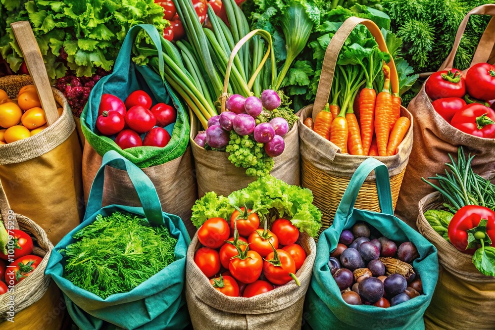 Photo inspiration: Fresh Look at Eco Friendly Market Bags Brimming With Fresh Vegetables And Greens