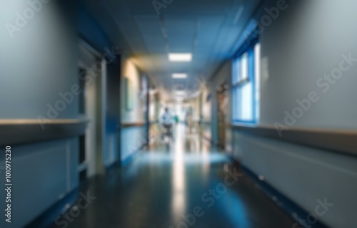 Blurry hallway in a hospital with bokeh and a person walking in the distance.