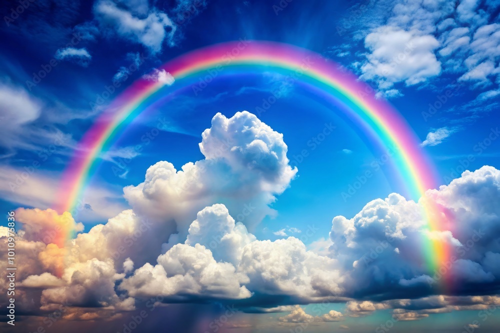 A dazzling pastel rainbow arcs over soft, fluffy clouds against a bright blue midday sky, showcasing the natural A dazzling pastel rainbow arcs over soft, fluffy clouds against a bright blue midday sky, showcasing the natural