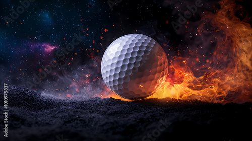 Golf ball amidst fiery cosmic backdrop