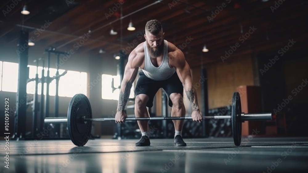 A muscular man powerfully deadlifting a barbell in a gym, embodying strength, determination, and fitness dedication. A muscular man powerfully deadlifting a barbell in a gym, embodying strength, determination, and fitness dedication.