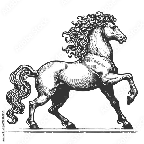 rearing horse with flowing mane and tail, drawn in a vintage engraving style sketch engraving generative ai vector illustration. Scratch board imitation. Black and white image.