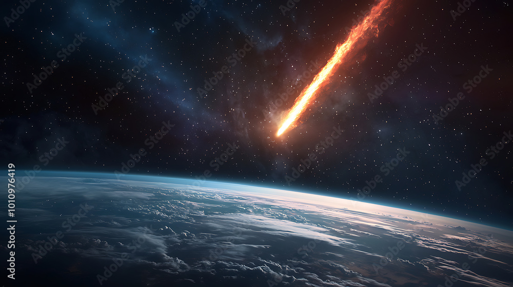 Fototapeta premium Dramatic meteor streaking towards Earth from space