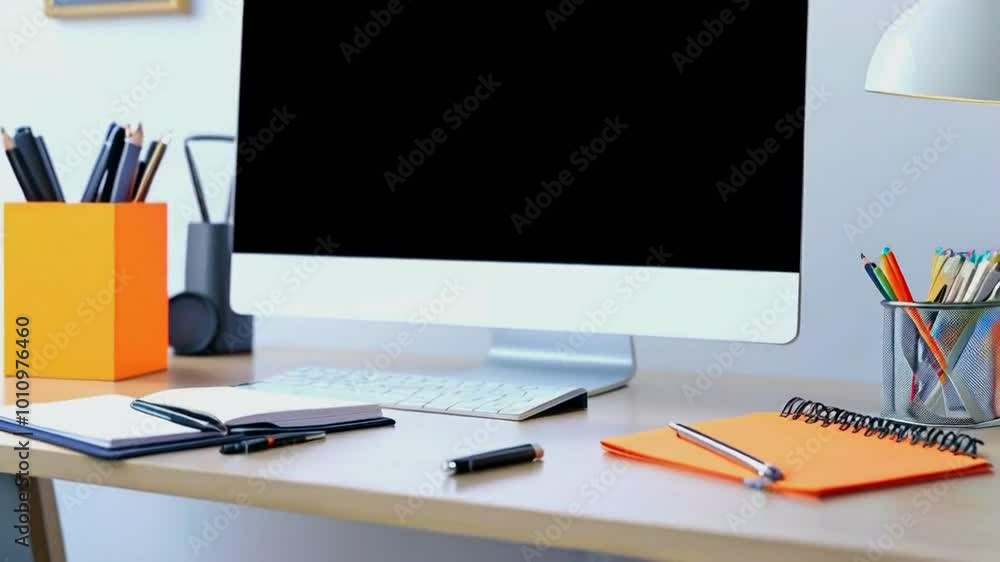 A modern workspace with a computer, keyboard, pens, and notebooks on a wooden desk. A modern workspace with a computer, keyboard, pens, and notebooks on a wooden desk.
