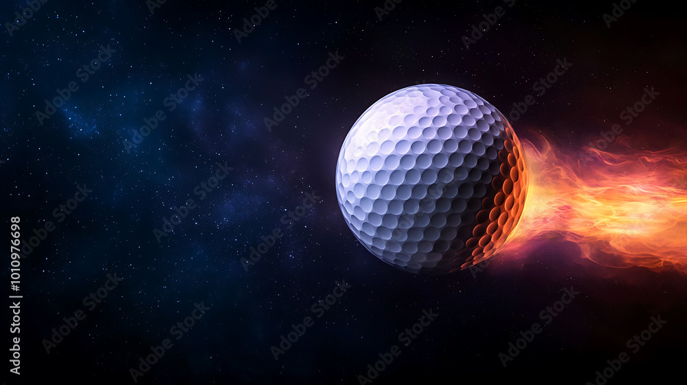 Golf ball soaring through a cosmic space with flames Golf ball soaring through a cosmic space with flames