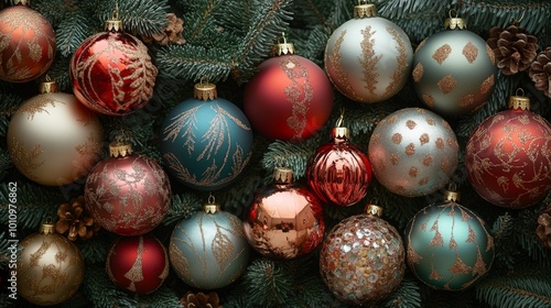 Colorful Christmas Ornaments on Tree Branches for Festive Holiday Decorations