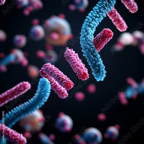 Prokaryotic pili extending for gene transfer, conjugation, 3D rendering photo