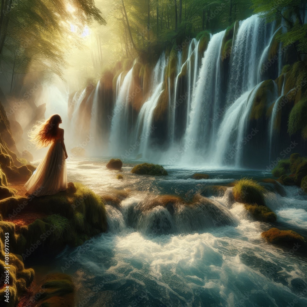 A stunning scene of a woman standing in a long flowing dress beside a powerful waterfall surrounded by lush green forest, capturing a sense of tranquility and natural beauty. Ideal for nature, travel A stunning scene of a woman standing in a long flowing dress beside a powerful waterfall surrounded by lush green forest, capturing a sense of tranquility and natural beauty. Ideal for nature, travel