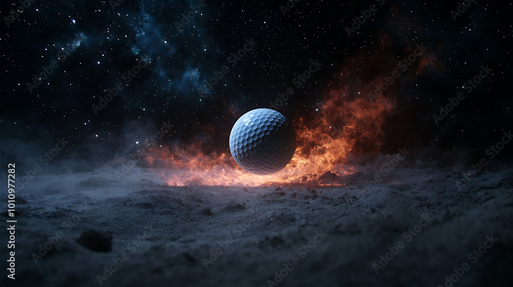 Golf ball amidst cosmic flames in a surreal space setting Golf ball amidst cosmic flames in a surreal space setting