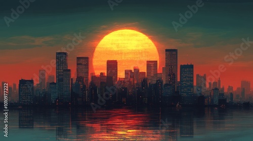 A vibrant sunset over a silhouetted city skyline reflected in water.