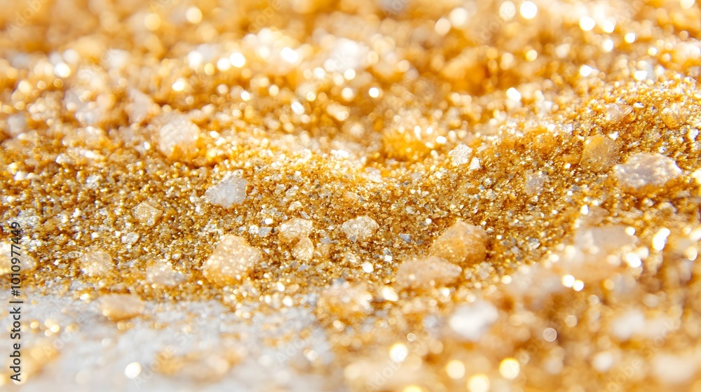 A close-up image showcasing sparkling golden glitter scattered on a surface, creating a vibrant and eye-catching effect. A close-up image showcasing sparkling golden glitter scattered on a surface, creating a vibrant and eye-catching effect.