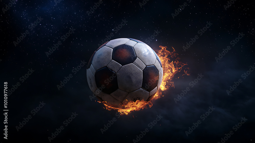 Fototapeta premium Fiery soccer ball in cosmic space environment