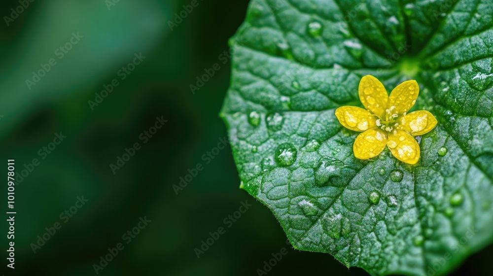Φωτογραφία Closeup of a cucumber leaf with delicate yellow flower in a garden, representing organic farming and fresh produce