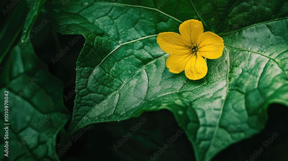 Φωτογραφία Closeup of a cucumber leaf with delicate yellow flower in a garden, representing organic farming and fresh produce
