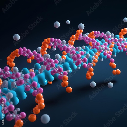 Prokaryotic RNA polymerase transcribing genes, molecular process, 3D rendering photo