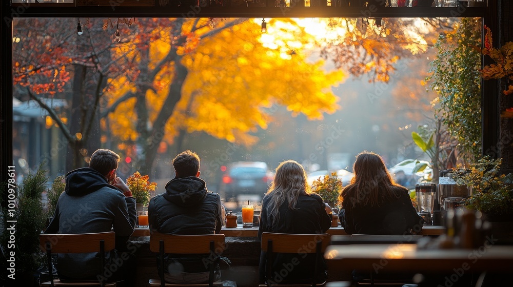 Friends enjoying a cozy brunch at a city cafe during a golden autumn afternoon Friends enjoying a cozy brunch at a city cafe during a golden autumn afternoon