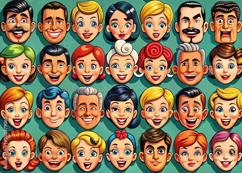 Explore a nostalgic collection of classic cartoon faces, showcasing a variety of emotional expressions perfect for inspiring creativity in your projects and designs.