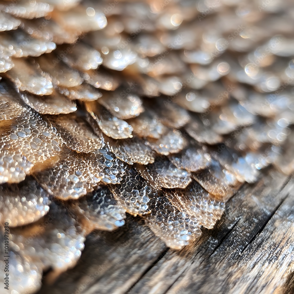 Close-up of shimmering fish scales on a wooden surface, showcasing intricate patterns and textures reflecting light. Close-up of shimmering fish scales on a wooden surface, showcasing intricate patterns and textures reflecting light.