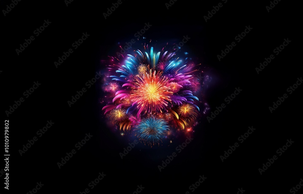 A vibrant burst of fireworks illuminates the night sky with an array of colorful sparks. A vibrant burst of fireworks illuminates the night sky with an array of colorful sparks.