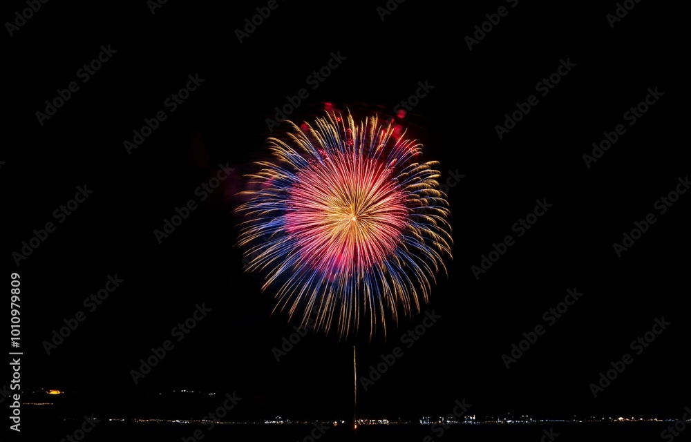 A single firework bursts in the night sky, its red, yellow, and blue sparks cascading down against a backdrop of distant lights.