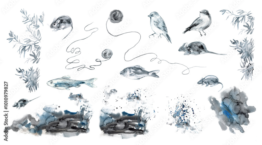 Set of bird, mouse, fish, olive tree branches, water splashes and droplets, sea waves in blue, black, grey colors. Floating fish, singing birds, hiding mice in handdrawn watercolor. It will be use as Set of bird, mouse, fish, olive tree branches, water splashes and droplets, sea waves in blue, black, grey colors. Floating fish, singing birds, hiding mice in handdrawn watercolor. It will be use as