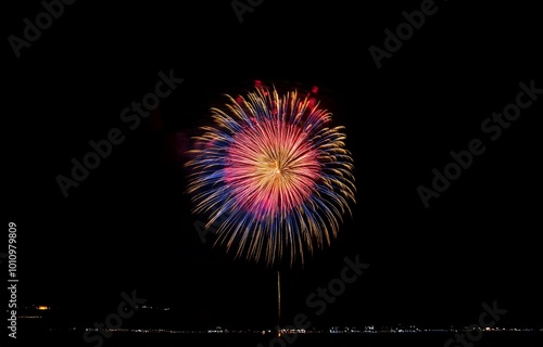 A single firework bursts in the night sky, its red, yellow, and blue sparks cascading down against a backdrop of distant lights.