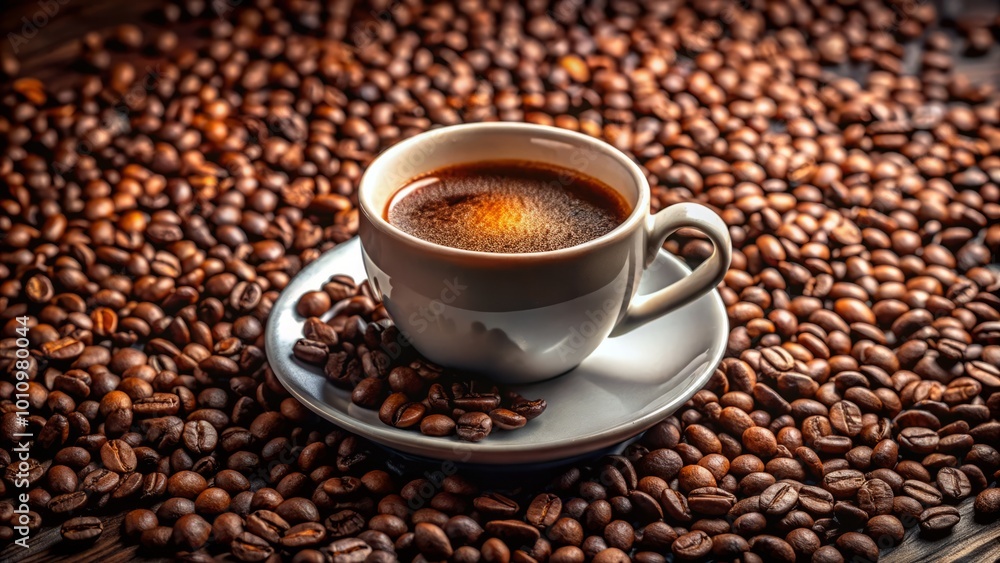 A freshly brewed coffee cup surrounded by aromatic beans creates the perfect ambiance for cozy mornings and peaceful A freshly brewed coffee cup surrounded by aromatic beans creates the perfect ambiance for cozy mornings and peaceful
