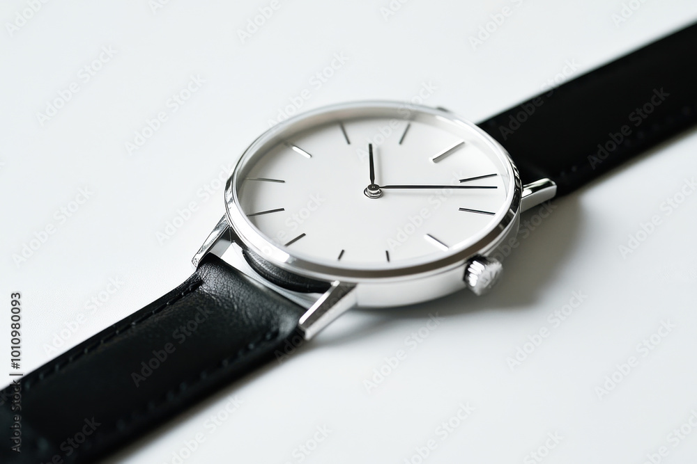 Elegant wristwatch with a minimalist design and leather strap on a white background in a well-lit setting Elegant wristwatch with a minimalist design and leather strap on a white background in a well-lit setting