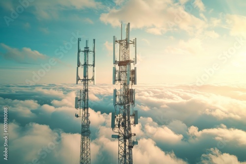 Telecommunication tower cellular. Macro Base Station. 5G radio network telecommunication equipment with radio modules and smart antennas mounted on metal against a clouds sky background