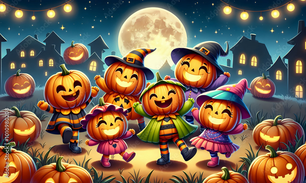 Comic - viele bunte Kürbis-Kinder tanzen fröhlich durch die Halloween Nacht Comic - viele bunte Kürbis-Kinder tanzen fröhlich durch die Halloween Nacht