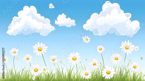 A bright, cheerful landscape featuring white daisies in green grass under a clear blue sky with fluffy clouds.