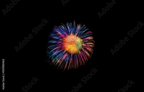 A vibrant firework display explodes in the night sky, radiating colorful trails of light.