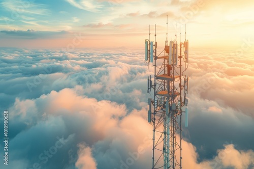 Telecommunication tower cellular. Macro Base Station. 5G radio network telecommunication equipment with radio modules and smart antennas mounted on metal against a clouds sky background