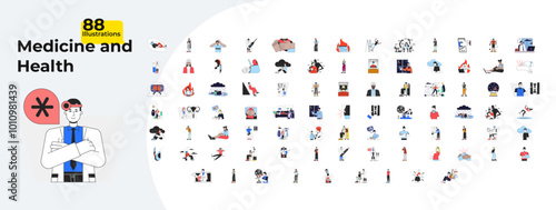 Medical healthcare cartoon flat illustrations mega bundle. Psychology mental disorder. Hospital research. Trauma injury. E medicine 2D images isolated on white. Collection vector drawings colorful