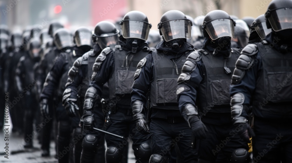 A formation of riot police clad in protective gear holds a strong, unified stance in a street, signifying authority and control in a synchronized manner. A formation of riot police clad in protective gear holds a strong, unified stance in a street, signifying authority and control in a synchronized manner.