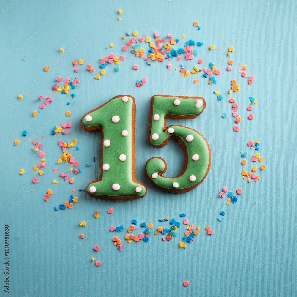 Decorated cookie, number 15, image for birthday or anniversary celebration Decorated cookie, number 15, image for birthday or anniversary celebration