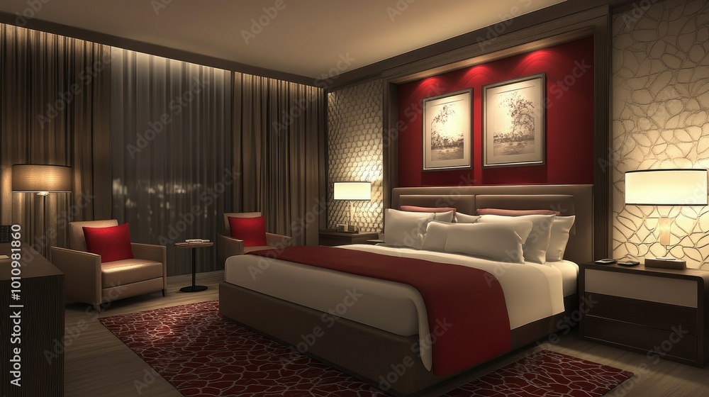 Elegant hotel bedroom interior with plush red accents, modern furnishings, and soft lighting, creating a comfortable and romantic atmosphere. Elegant hotel bedroom interior with plush red accents, modern furnishings, and soft lighting, creating a comfortable and romantic atmosphere.