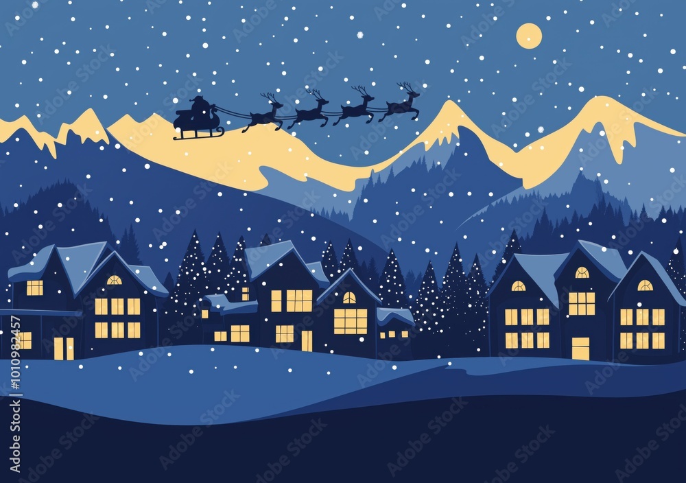 Santa claus and reindeer sending gifts for everyone by fly over the village in the christmas eve,generative AI illustration Santa claus and reindeer sending gifts for everyone by fly over the village in the christmas eve,generative AI illustration