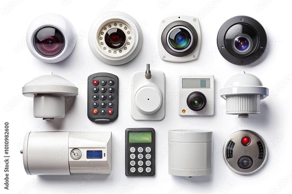 Home Security and Protection System Icon Set Featuring Alarms, Cameras, and Locks on White Background Home Security and Protection System Icon Set Featuring Alarms, Cameras, and Locks on White Background